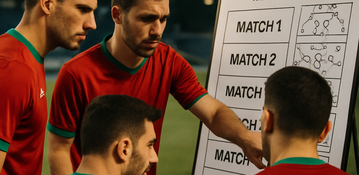 Azerbaijan national team players review tactics and an upcoming match schedule beside a football