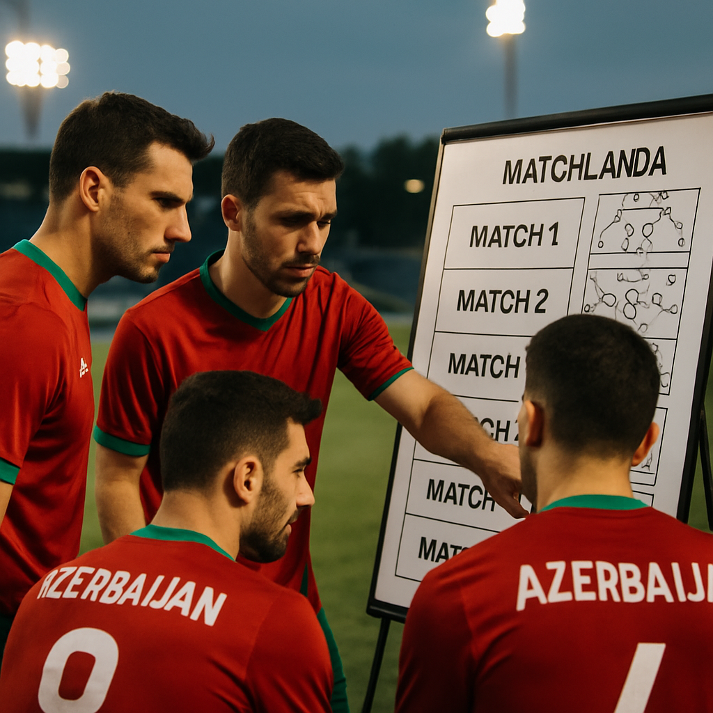 Azerbaijan national team players review tactics and an upcoming match schedule beside a football