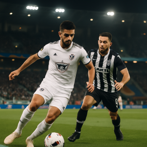 Qarabağ and PAOK players contest the ball during a floodlit Europa League match in