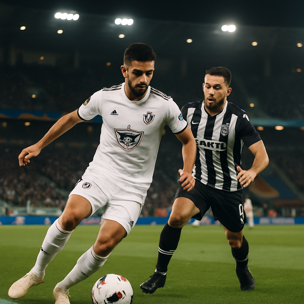 Qarabağ and PAOK players contest the ball during a floodlit Europa League match in