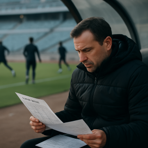 A football coach reviews squad notes in the dugout as players warm up on