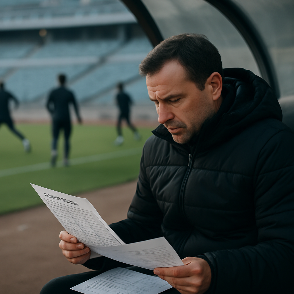 A football coach reviews squad notes in the dugout as players warm up on