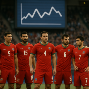 Azerbaijan national team players stand on the pitch before an international match as a