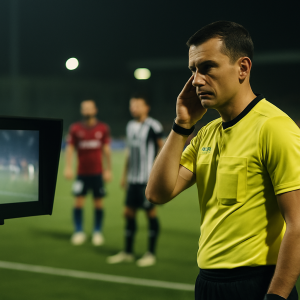 A referee pauses play as players wait during a VAR review at a floodlit