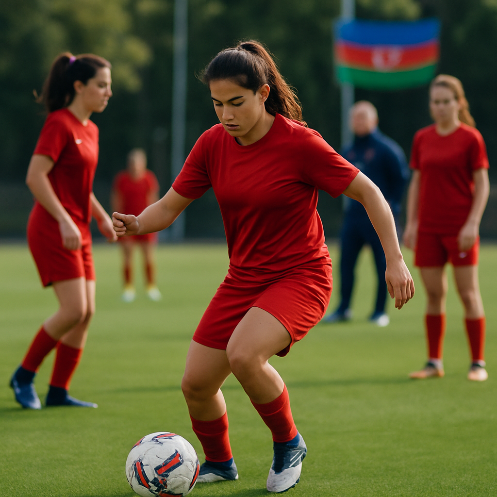 An Azerbaijani women’s national-team player trains with the ball as teammates prepare on the
