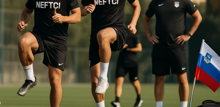Neftçi players work through preseason fitness drills in Baku before their planned training camp