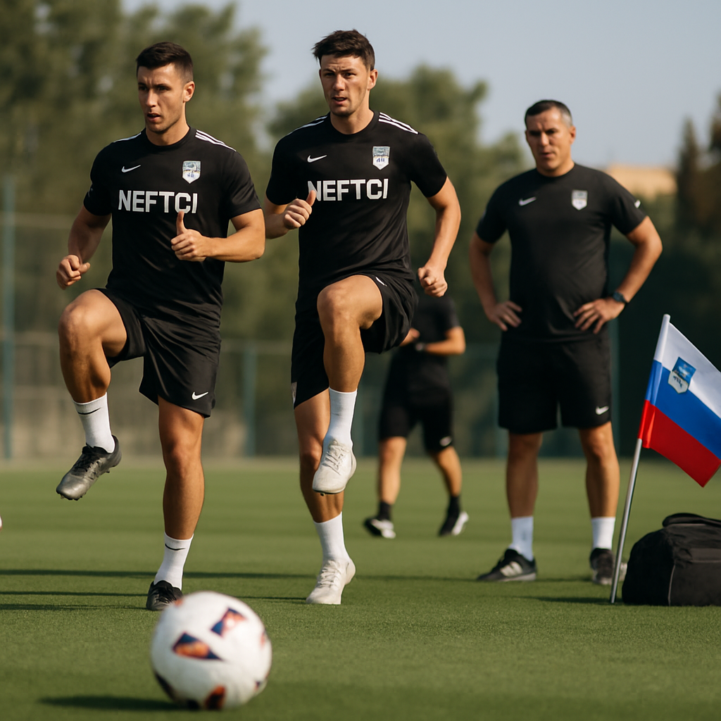 Neftçi players work through preseason fitness drills in Baku before their planned training camp
