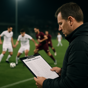 A football coach checks the league table while players compete under stadium lights, evoking