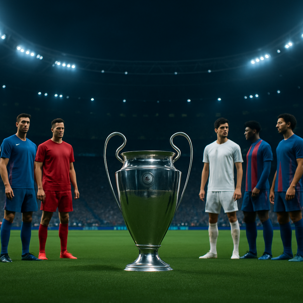 A Champions League-inspired trophy stands before elite footballers under stadium lights, evoking the contenders