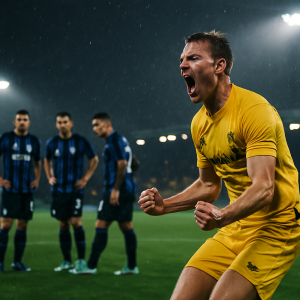 A Bodø/Glimt player celebrates their 3–1 lead over Inter as Inter players regroup under