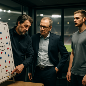 A coach and sporting director plan a football squad on a tactical board as