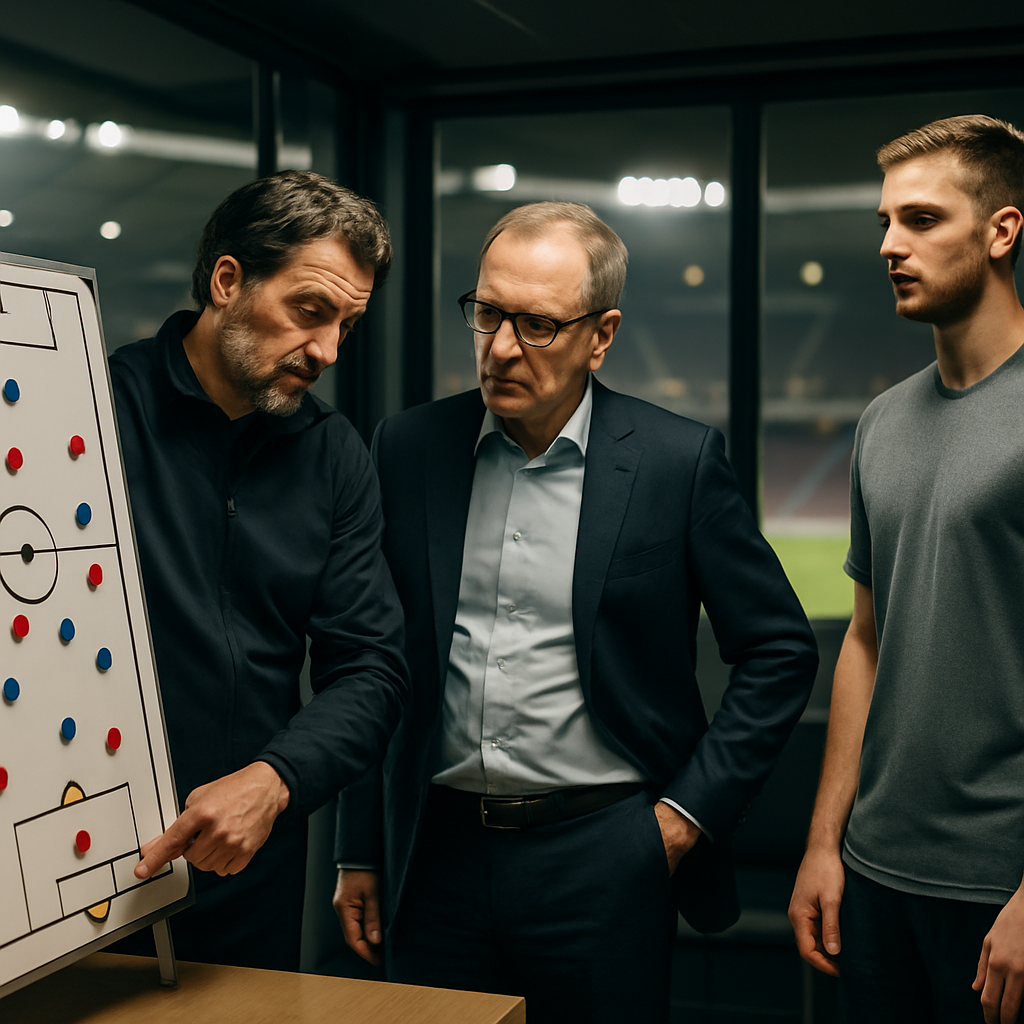 A coach and sporting director plan a football squad on a tactical board as