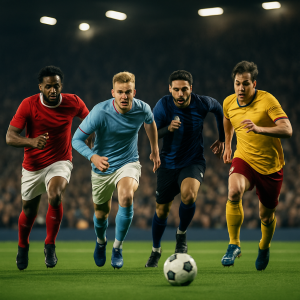 Players battle for the ball in a tense Premier League match as the title