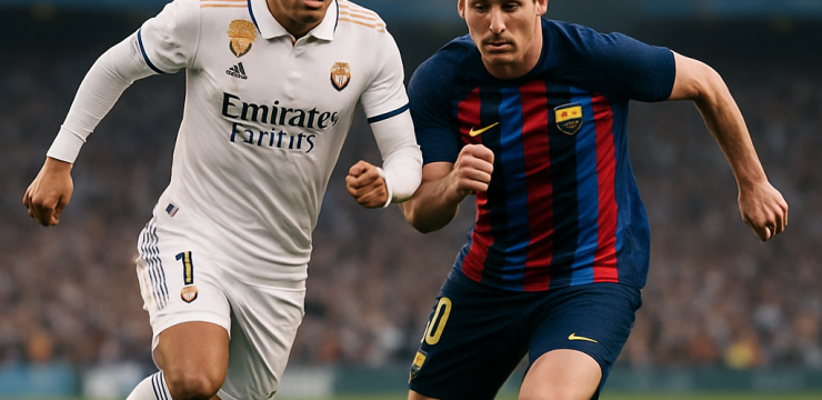Real Madrid and Barcelona players contest the ball in a tense La Liga title-race