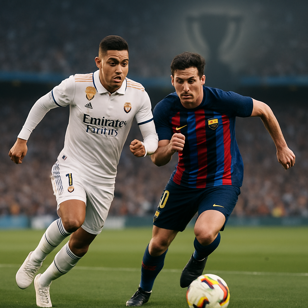 Real Madrid and Barcelona players contest the ball in a tense La Liga title-race
